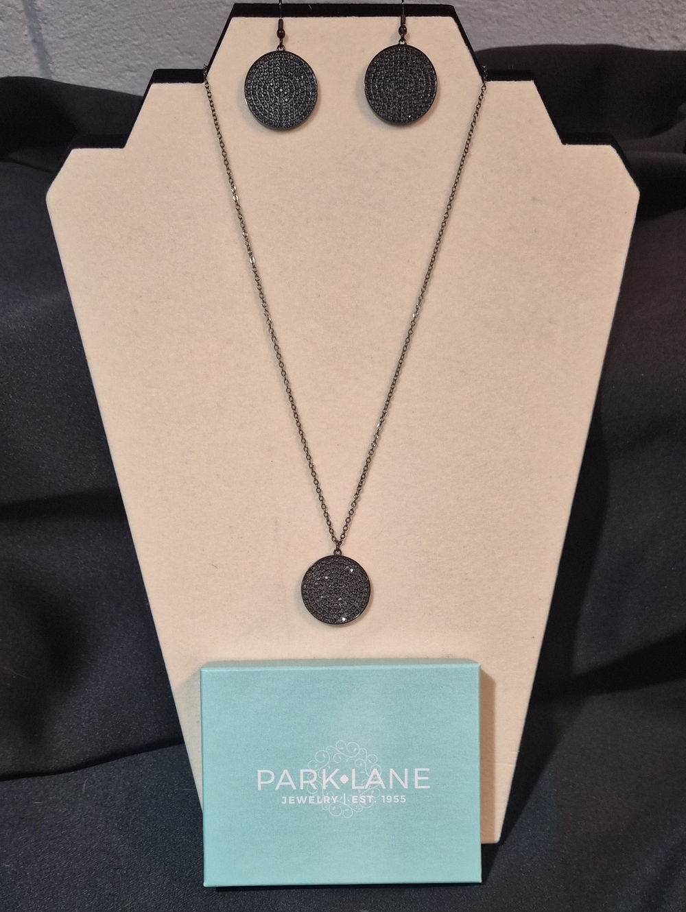 Park Lane Black Pave Round Pendant Necklace and Drop Earrings Set